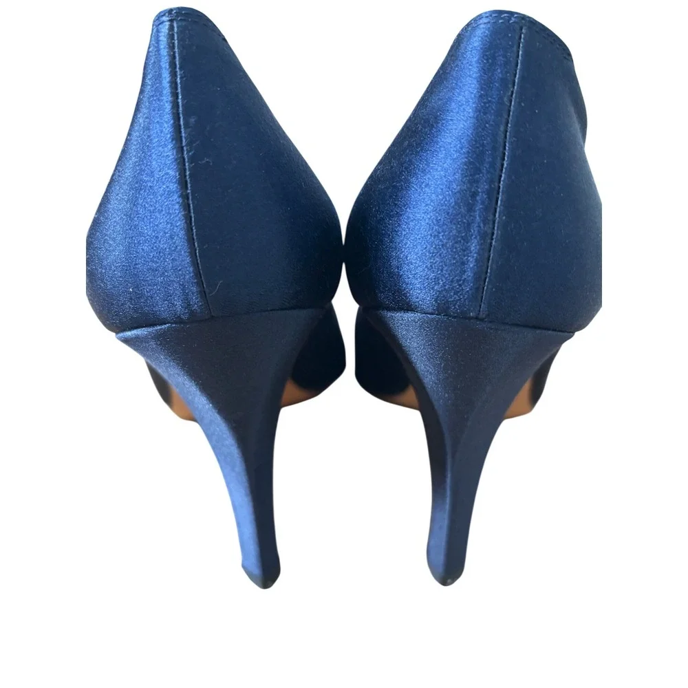Yves Saint Laurent Vintage Navy Blue Satin Pointed Toe‎ Pumps Stiletto Heels 7N